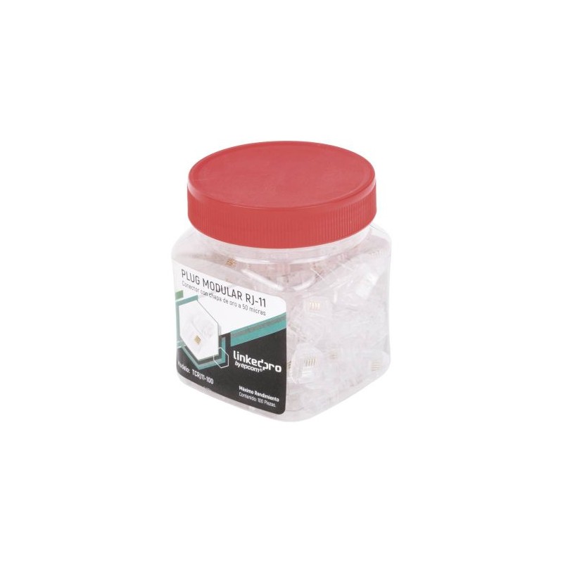 BOTE LINKEDPRO BY EPCOM CON 100 PIEZAS DE PLUG MODULAR TIPO RJ11 DE 4 CONTACTOS CHAPADO DE ORO A 50 MICRAS, TCRJ11-100