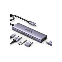 HUB USB-C UGREEN (DOCKING STATION) 5 EN 1, HDMI 2.0 4K@30HZ, 3 USB-A 3.0 (5GBPS), USB-C PD CARGA 100W, POTENTE DISIPACIÓN DE CAL