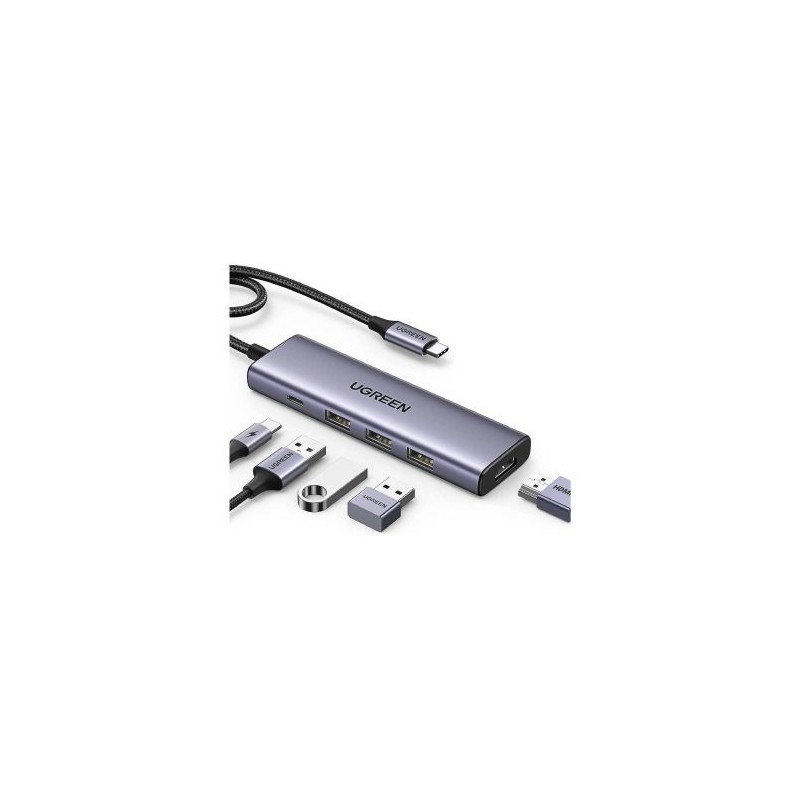 HUB USB-C UGREEN (DOCKING STATION) 5 EN 1, HDMI 2.0 4K@30HZ, 3 USB-A 3.0 (5GBPS), USB-C PD CARGA 100W, POTENTE DISIPACIÓN DE CAL
