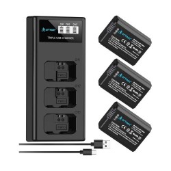 PAQUETE ARTMAN DE 3 BATERÍAS NP-FW50 Y CARGADOR LCD DE 3 RANURAS MEJORADO COMPATIBLE CON SONY ZV-E10, ALPHA A6000 A6300 A6400 A6