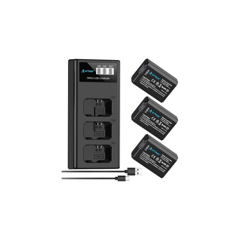 PAQUETE ARTMAN DE 3 BATERÍAS NP-FW50 Y CARGADOR LCD DE 3 RANURAS MEJORADO COMPATIBLE CON SONY ZV-E10, ALPHA A6000 A6300 A6400 A6