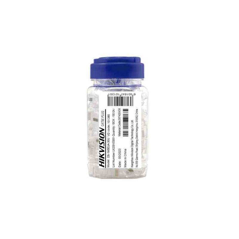 PLUG RJ-45 CAT6 HIKVISION, BOTE CON 100 PIEZAS TRANSPARENTES, CHAPADO EN ORO A 30 MICRAS, SIN BLINDAJE, USO INTERIOR, SOPORTA NO