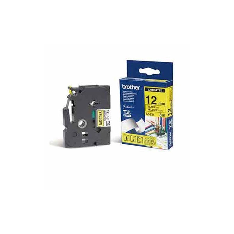 CINTA LAMINADA BROTHER AMARILLO SOBRE NEGRO 12MM X 8M TZ /VC, TZE631