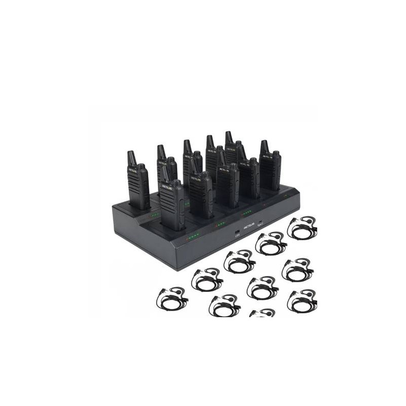 KIT DE 10 RADIOS RETEVIS RT22 CON CARGADOR GRUPAL – LARGO ALCANCE, USO SIN LICENCIA