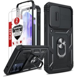 FUNDA PARA SAMSUNG GALAXY A55 5G CON CRISTAL VIDRIO TEMPLADO (2 UNIDADES), CARCASA USO RUDO, CÁMARA DESLIZANTE, ANILLO SOPORTE, 