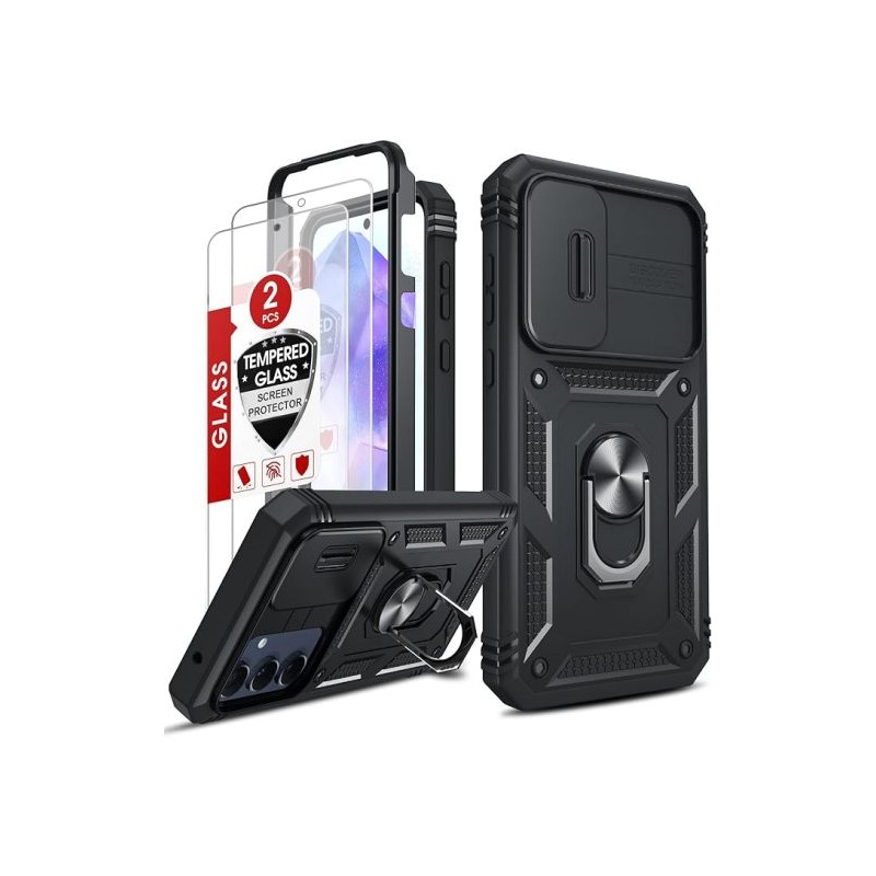 FUNDA PARA SAMSUNG GALAXY A55 5G CON CRISTAL VIDRIO TEMPLADO (2 UNIDADES), CARCASA USO RUDO, CÁMARA DESLIZANTE, ANILLO SOPORTE, 