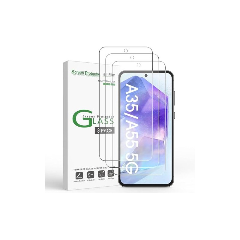 PROTECTOR DE PANTALLA AMFILM PARA SAMSUNG GALAXY A55/A35 5G, MICA DE VIDRIO TEMPLADO 9H ANTI-RASGUÑOS, SIN BURBUJAS, 3 PIEZAS