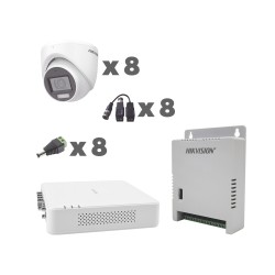 KIT TURBOHD HIKVISION KH1080P8EWFH 1080P DVR 8CH AUDIO COAXITRON + 8 CÁMARAS MICRÓFONO INTEGRADO, LUZ BLANCA + IR, FUENTE Y ACCE