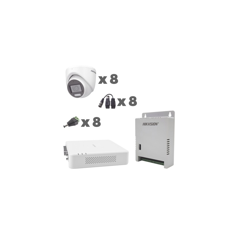 KIT TURBOHD HIKVISION KH1080P8EWFH 1080P DVR 8CH AUDIO COAXITRON + 8 CÁMARAS MICRÓFONO INTEGRADO, LUZ BLANCA + IR, FUENTE Y ACCE