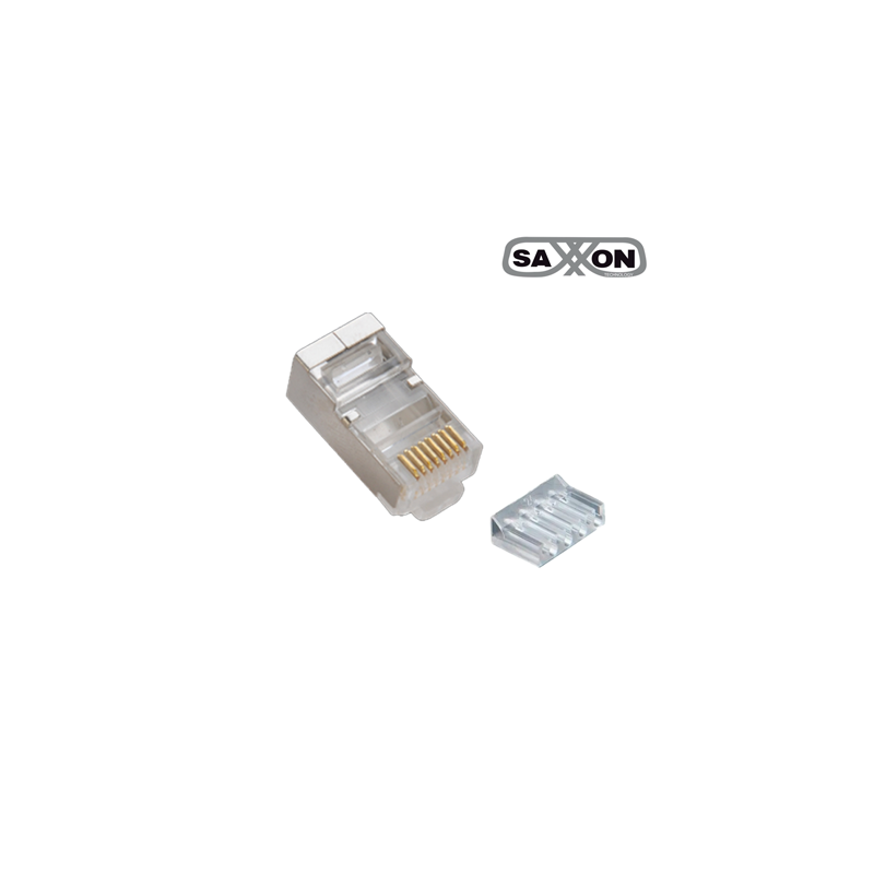 SAXXON S901E – CONECTOR PLUG RJ45 PARA CABLE UTP CON GUÍA, CAT 6, BLINDADO, PAQUETE 100 PIEZAS