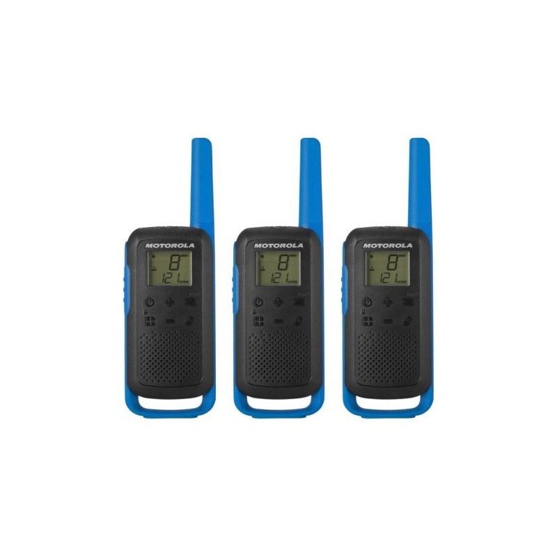 KIT 3 RADIOS MOTOROLA T270TP, RADIOS BIDIRECCIONALES, RECARGABLES, 22 CANALES, 25 MILLAS, NEGRO CON AZUL, PAQUETE DE 3