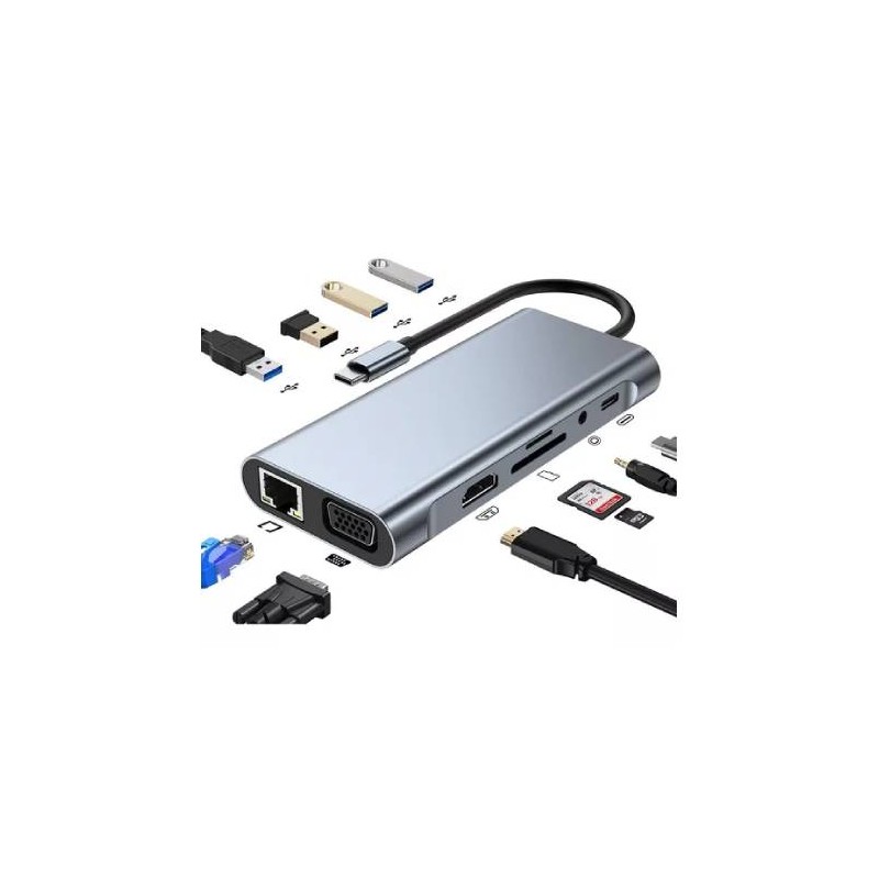 ADAPTADOR TIPO C 11 EN 1 4K HDMI USB3.0 USB2.0 PD SD/TF RJ45