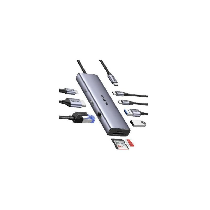 HUB USB-C DOCKING STATION UGREEN 90325 9 EN 1, 2 USB-A 3.0 (5GBPS), 2 USB-C (5GBPS), USB-C PD CARGA 100W, HDMI 4K@60HZ, RJ45 (GI